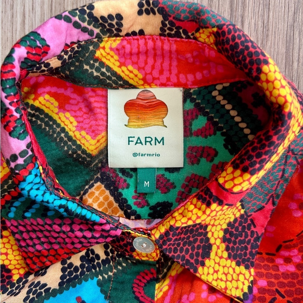 Farm Rio Dotted Patch Scarf Shirt Multicolor Tropical Button Down Blouse Size M - Picture 4 of 13